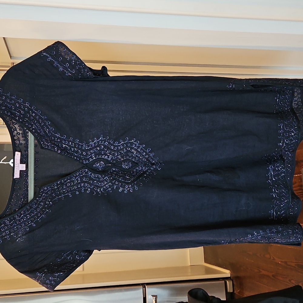 Navy cotton luxury resort v neck short sleeve top Calypso St Barth